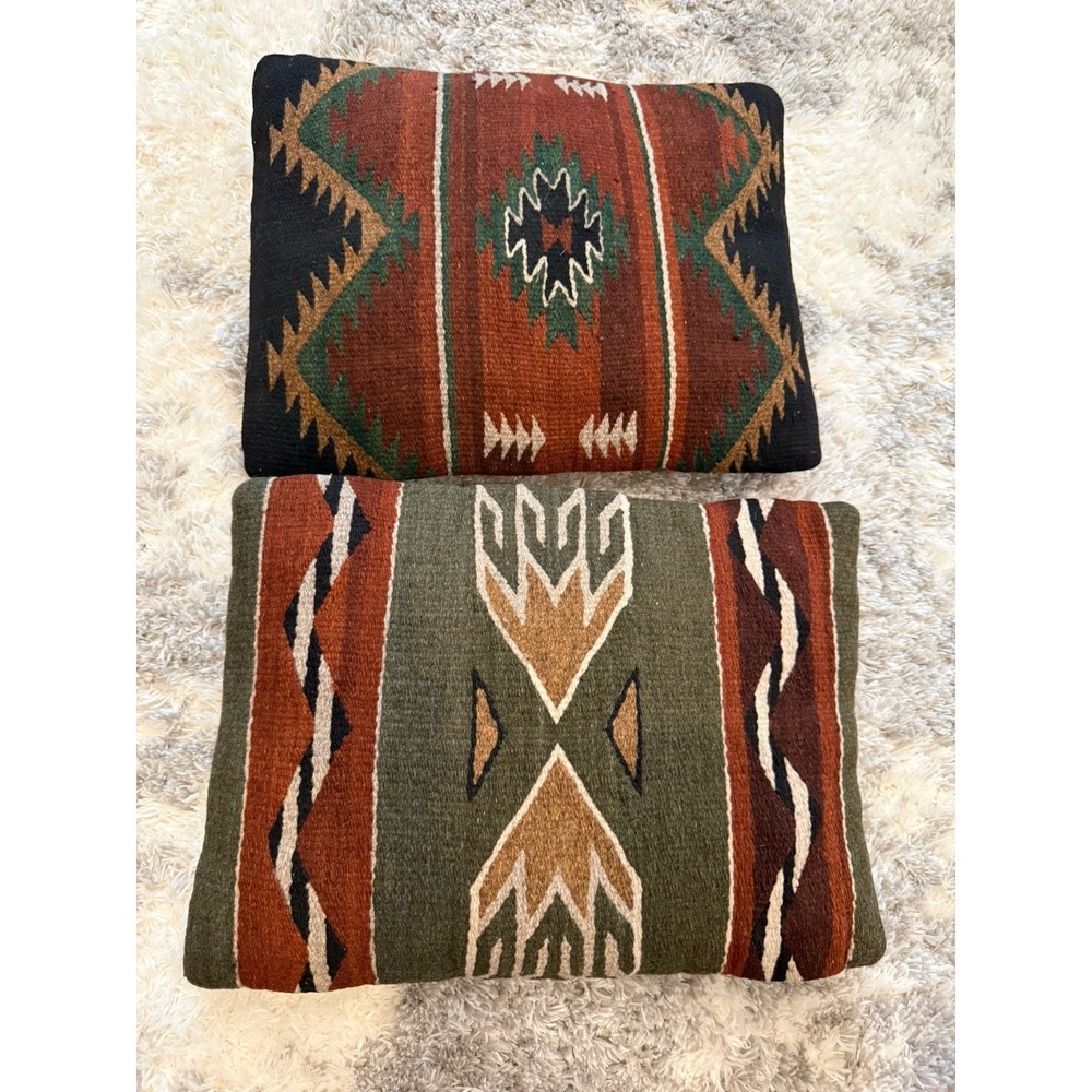 Pair Vintage Southwestern Wool Kilim Pillows Handwoven Tribal Geometric Cushions